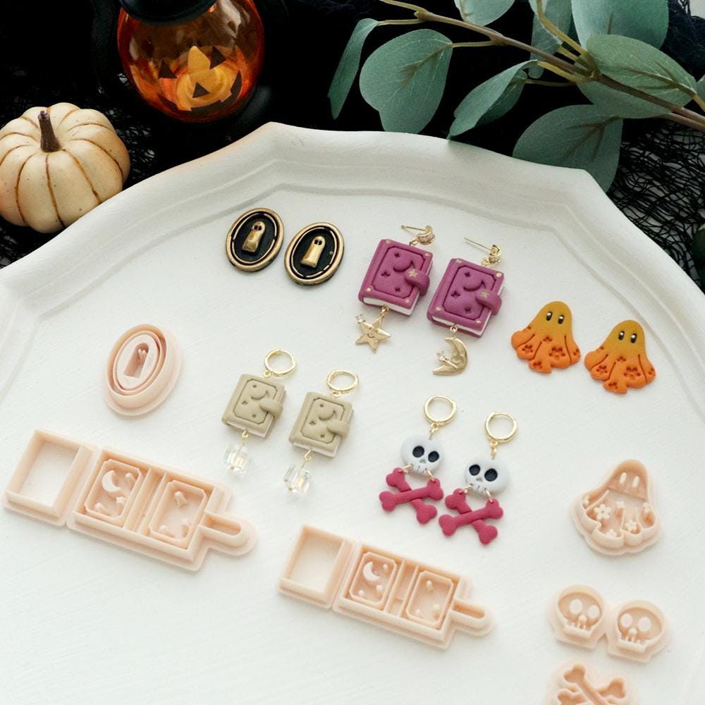 Halloween Polymer Clay Cutter Set: Ghost, Skull, Spell Book with Mini Stamps