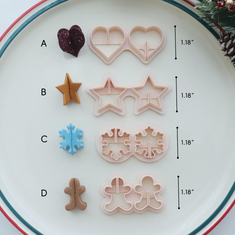 Holiday origami polymer clay cutter set with heart star snowflake and gingerbread shapes