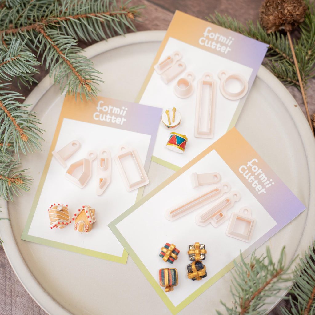 Polymer Clay Cutter Set: Drum, Gift, Gingerbread House - Holiday Fair Jewelry