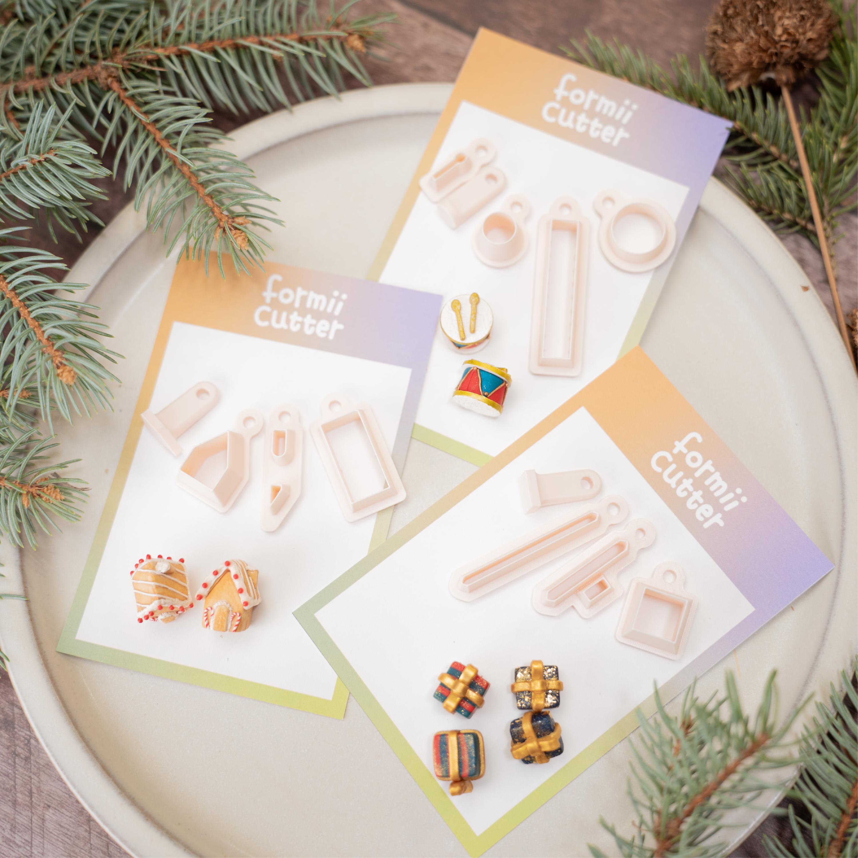 Polymer Clay Cutter Set: Drum, Gift, Gingerbread House - Holiday Fair Jewelry