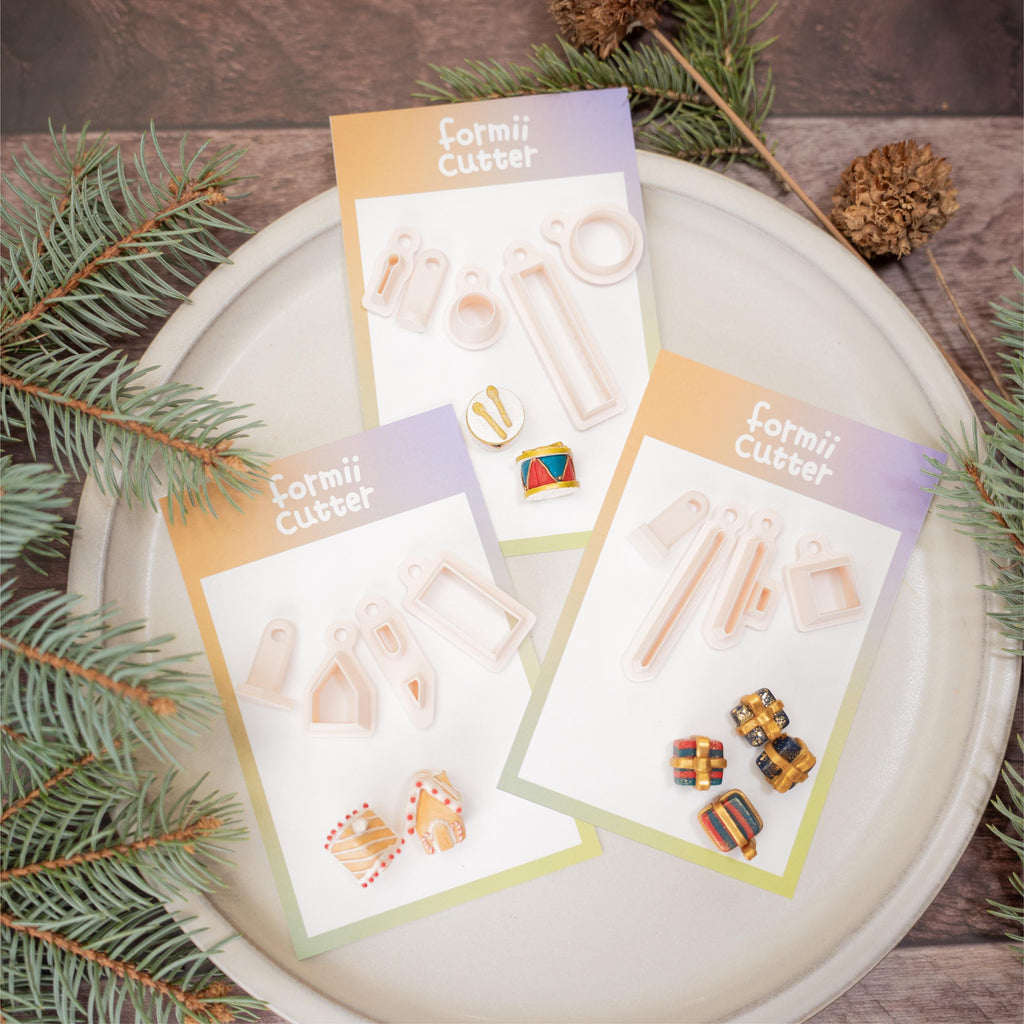 Polymer Clay Cutter Set: Drum, Gift, Gingerbread House - Holiday Fair Jewelry