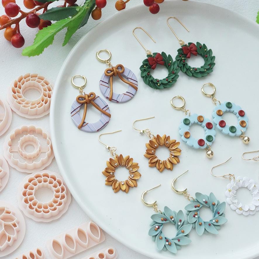 Christmas Wreath Polymer Clay Cutter Set for Holiday Earrings and Festive Jewelry Making