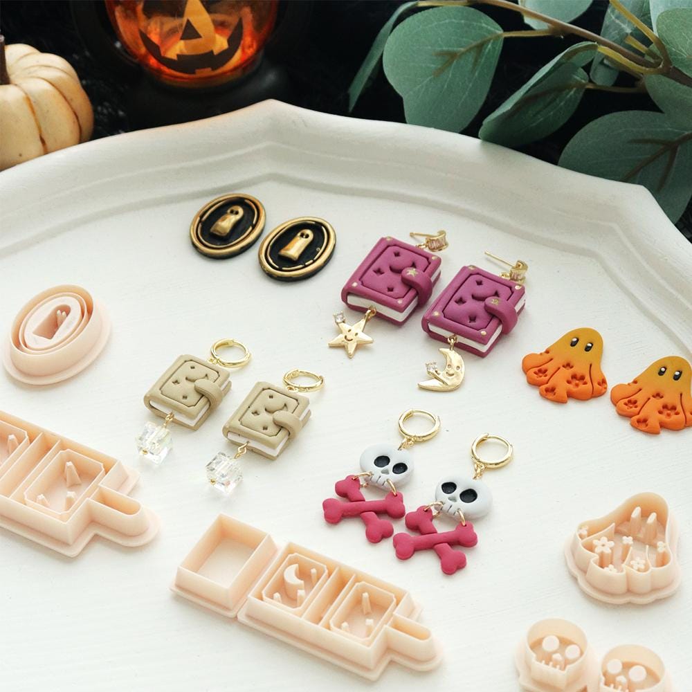 Halloween Polymer Clay Cutter Set: Ghost, Skull, Spell Book with Mini Stamps