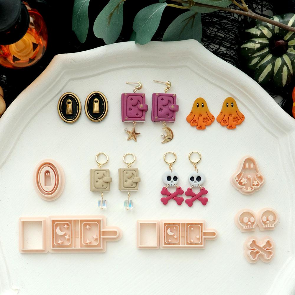 Halloween Polymer Clay Cutter Set: Ghost, Skull, Spell Book with Mini Stamps
