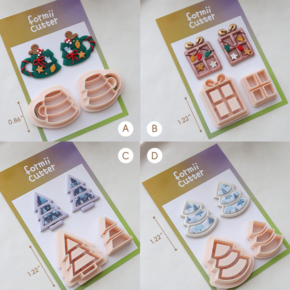 Christmas Clay Cutters for Earrings, Mugs, Gifts and Trees: labeled design and size chart