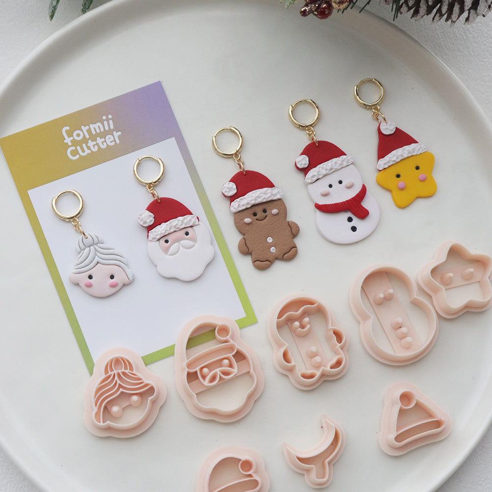 Christmas Character Clay Cutters, Santa, Mrs Claus, Gingerbread, Snowman and Star: tools with finished project examples