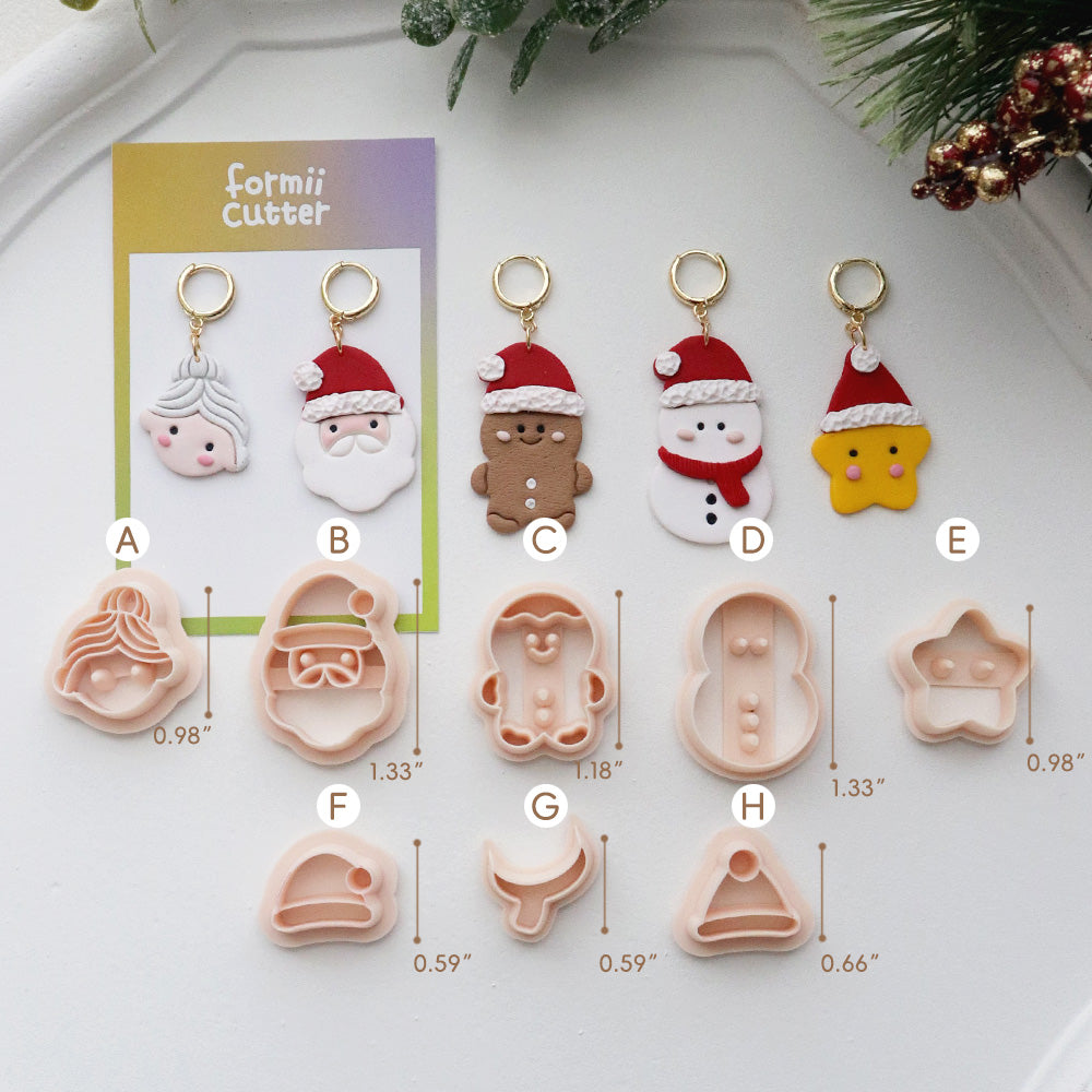 Christmas Character Clay Cutters, Santa, Mrs Claus, Gingerbread, Snowman and Star: labeled design and size chart