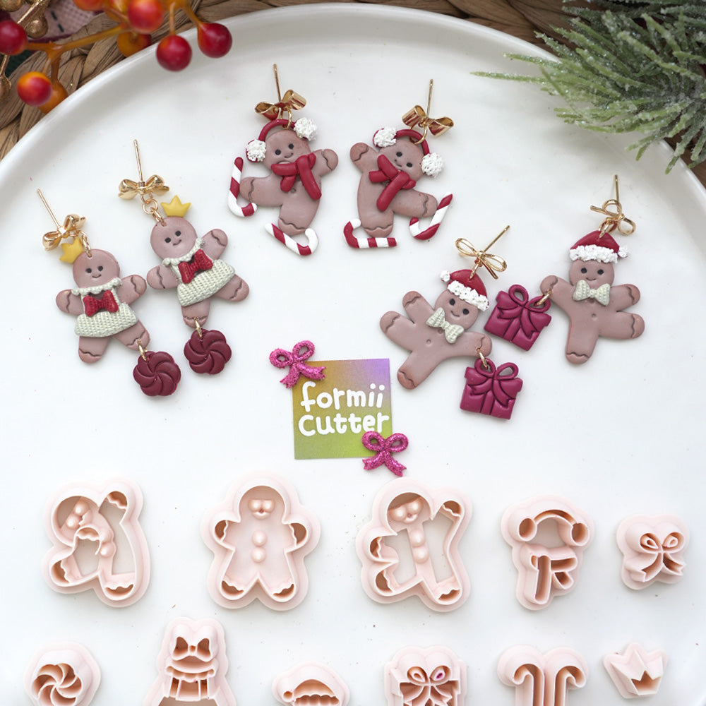 Gingerbread Clay Cutters for Christmas Earrings, Characters and Accessories: tools with finished project examples