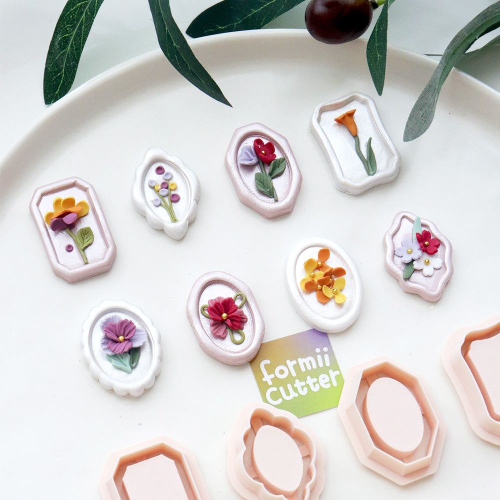 Vintage frame cutters and decorative layered clay earring examples