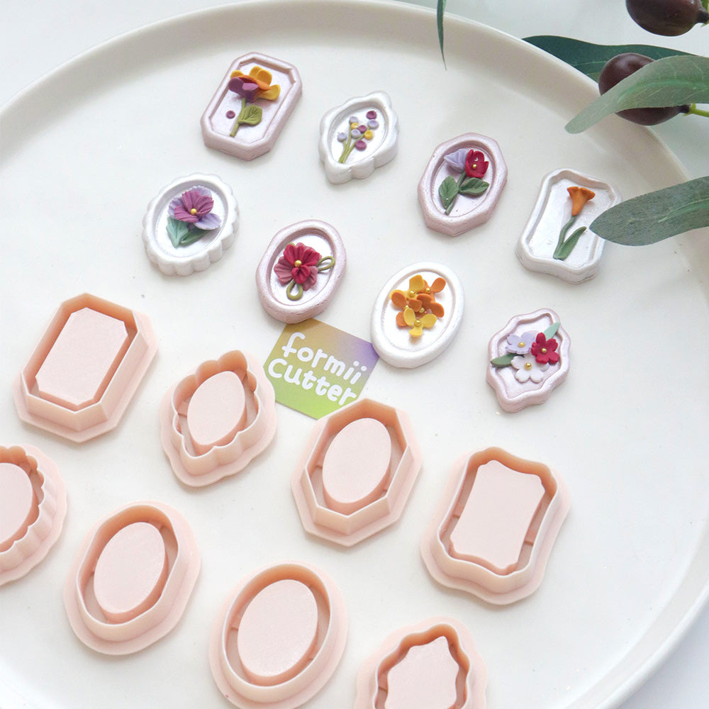 Vintage frame polymer clay cutters and layered clay jewelry examples, photo 5