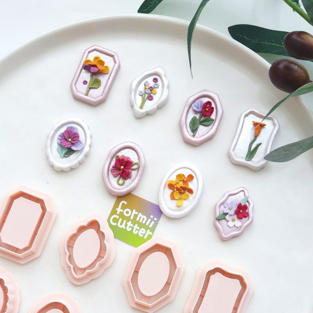 Vintage frame polymer clay cutters and layered clay jewelry examples, photo 6