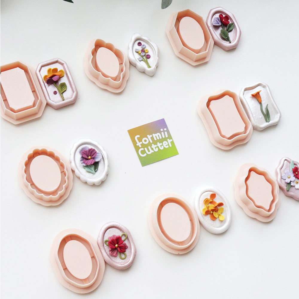 Vintage frame polymer clay cutters and layered clay jewelry examples, photo 7