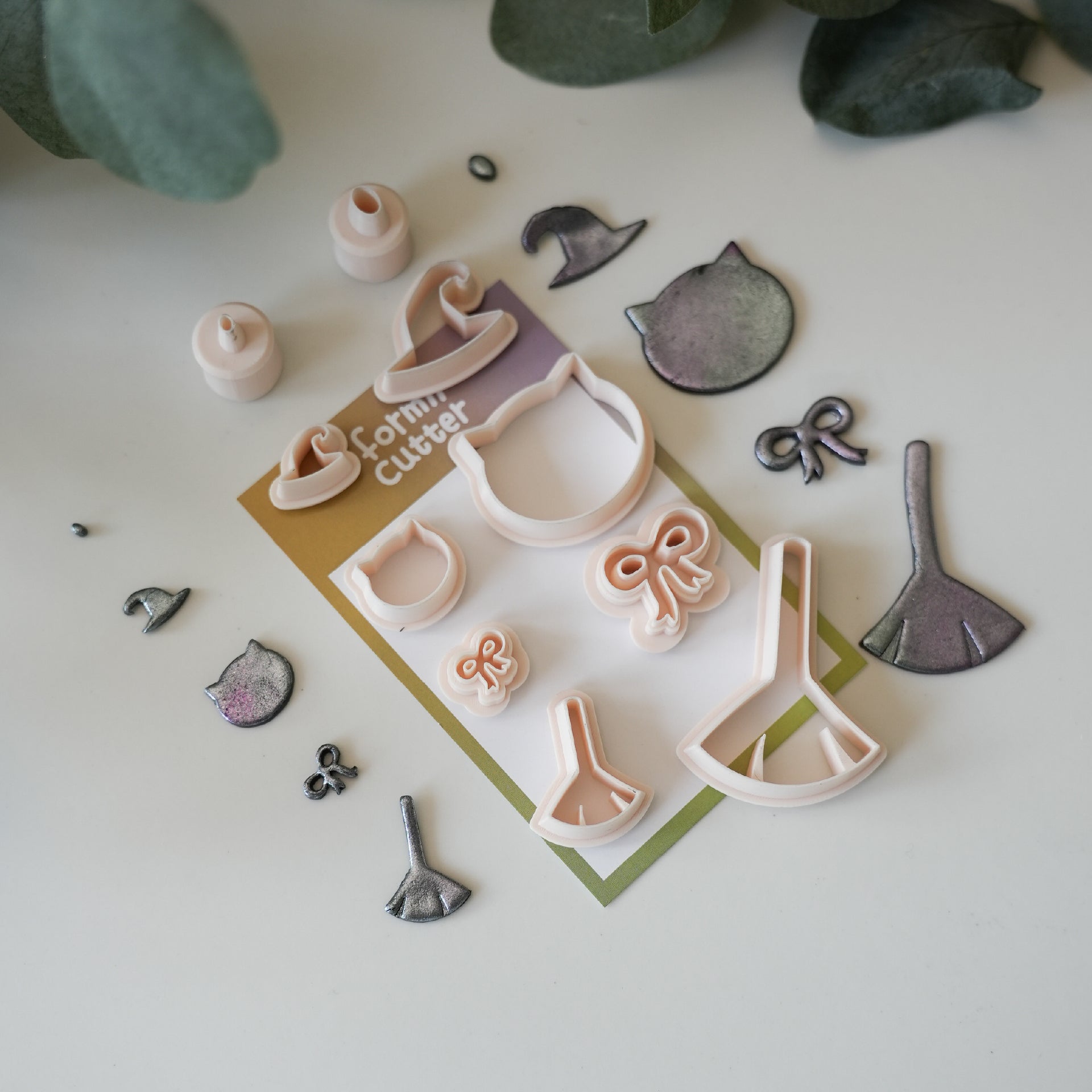 Broom hat cat and bow polymer clay cutters