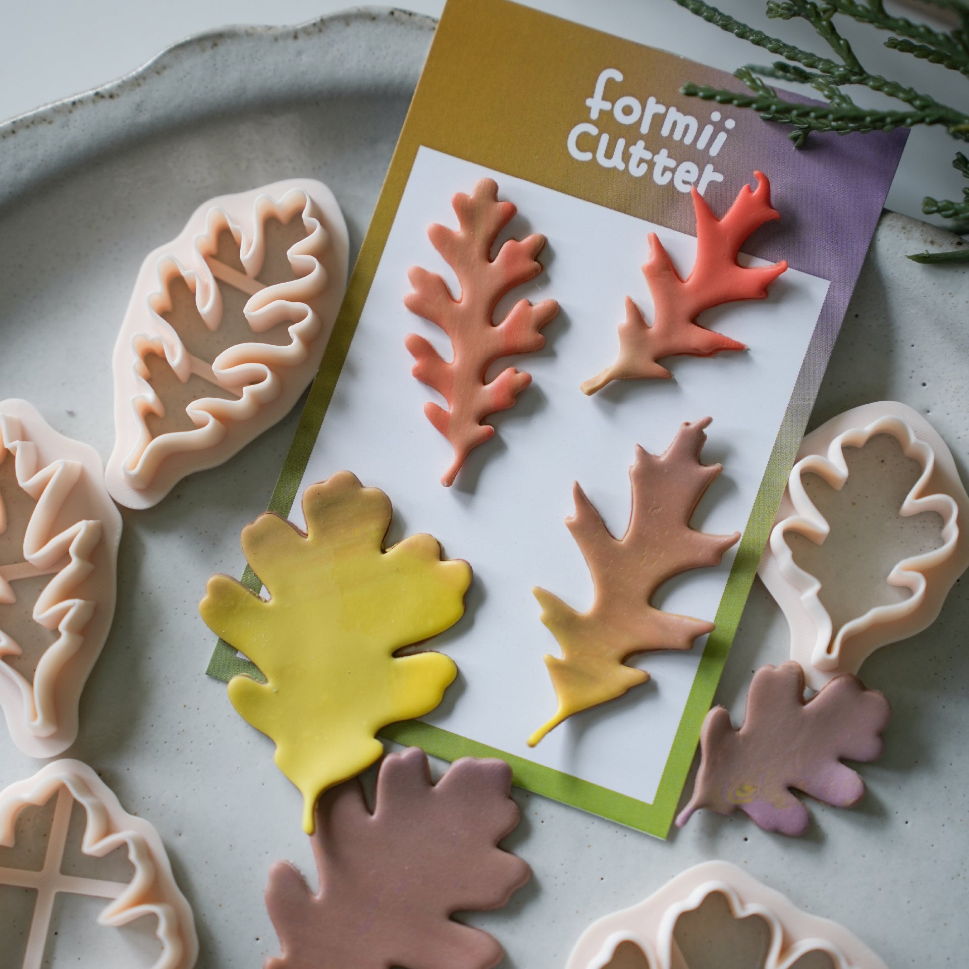 FG100 oak leaf polymer clay cutters with sample clay leaves